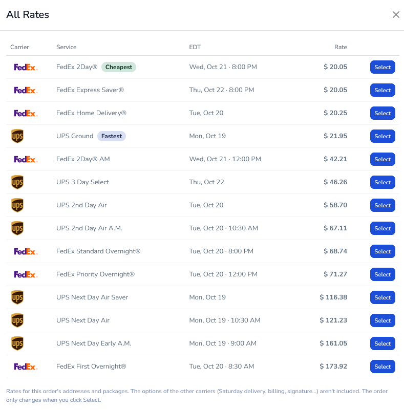Pantalla All Rates de Label2Go comparando servicios de UPS y FedEx con fechas de entrega y tarifas, con las opciones más barata y más rápida marcadas