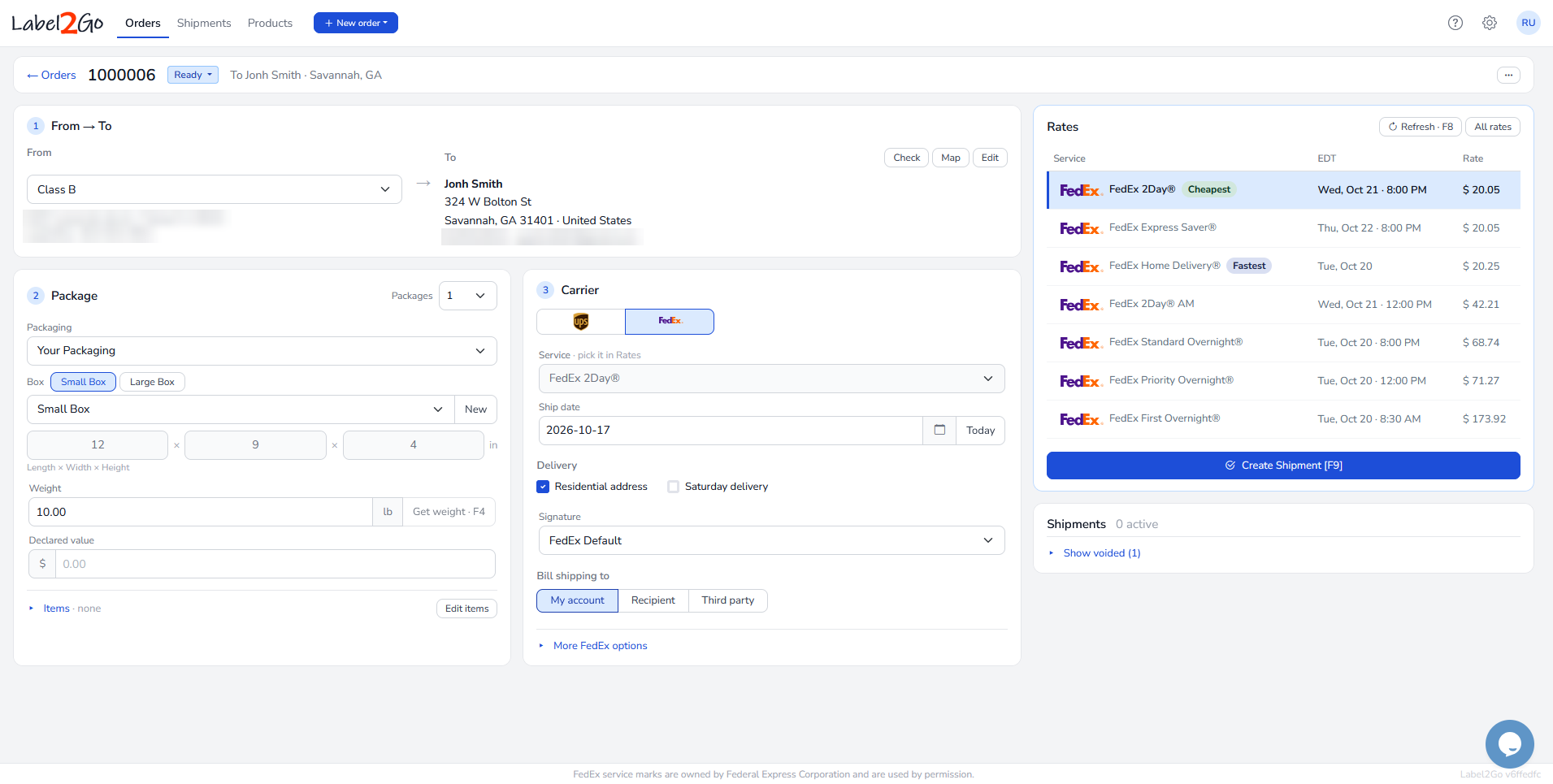 Label2Go order screen with the destination address, package, carrier options with Residential address checked, and UPS and FedEx rates with Cheapest and Fastest marked