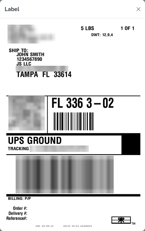 UPS Ground shipping label created in Label2Go, with sender, address and tracking details blurred